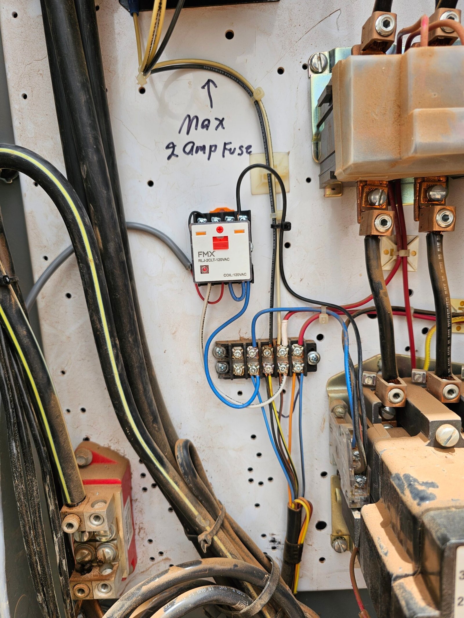 Control panel wiring with labeled fuse protection